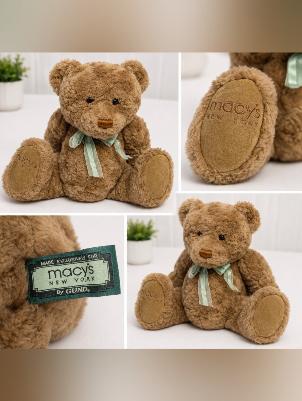 Macy's Brown Plush Teddy Bear with Mint Ribbon